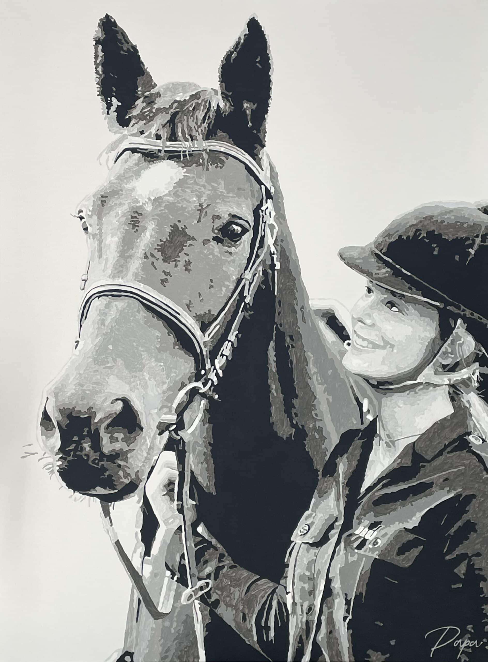 Portrait noir et blanc cavalière cheval Piscine et Spa art
